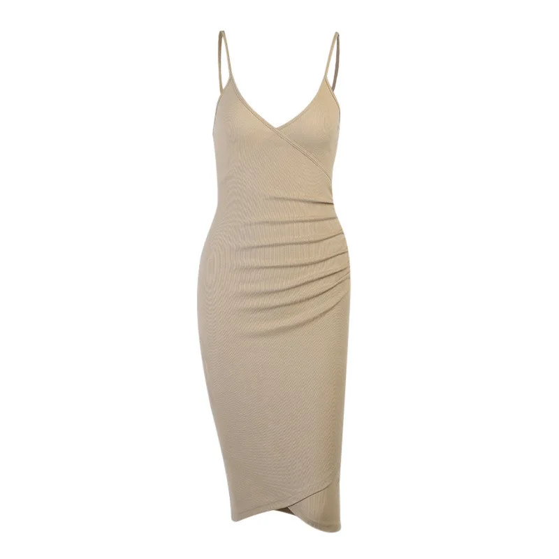 2021 summer new asymmetric stitching chest showing thread slim Sling Dress 
2021 summer new asymmetric stitching chest showing thread slim Sling Dress