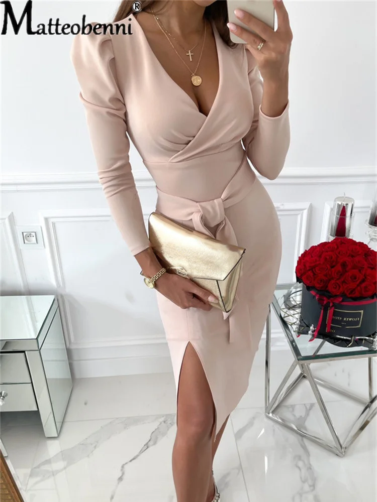 2021 Autumn Office Women Bodycon Midi Dress Sexy Deep V Neck Long Sleeve Side Split Slim Elegant Lace Up Party Dresses Vestidos 
2021 Autumn Office Women Bodycon Midi Dress Sexy Deep V Neck Long Sleeve Side Split Slim Elegant Lace Up Party Dresses Vestidos