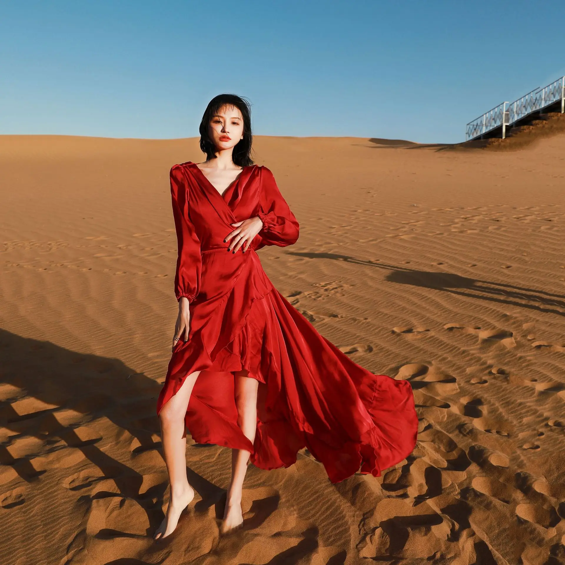 

Dubai Morocco Travel Photography Desert Red Dress Tibet Qinghai Lake Seaside Vacation Long Skirt Goddess Halter Dress