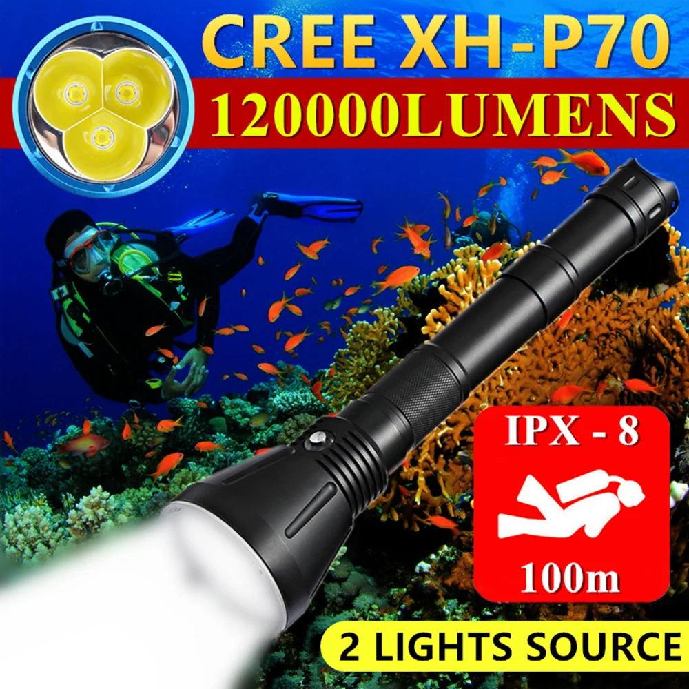 

3*CREE XHP70 High Power Underwater 100m Dive Fill Light Powerful IPX8 Waterproof LED Flashlight Scuba Lights Professional Diving