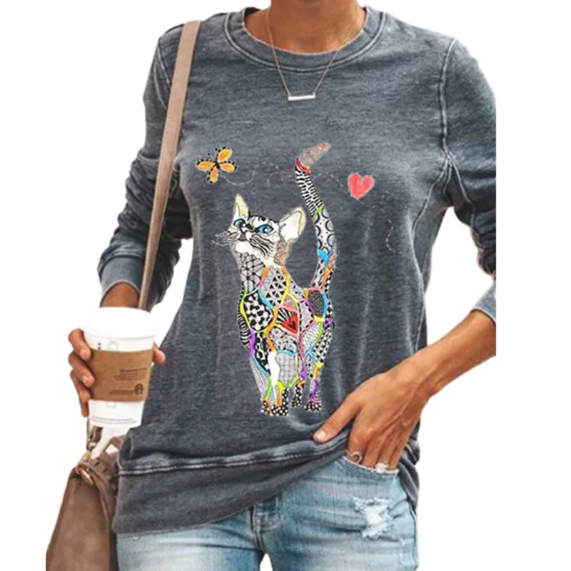 Весенне-осенняя женская футболка с принтом кошки в погоне с бабочками, Повседневный пуловер с круглым вырезом и длинными рукавами, модные ж... 
Весенне-осенняя женская футболка с принтом кошки в погоне с бабочками, Повседневный пуловер с круглым вырезом и длинными рукавами, модные ж...