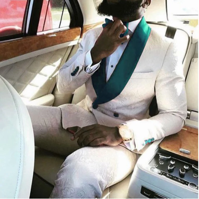 Colorful White Jacquard Prom Wedding Suits for Men Custom Mens Suits Tuxedos with Gold Lapel Slim Fit Groom Blazer Pants Set 
Colorful White Jacquard Prom Wedding Suits for Men Custom Mens Suits Tuxedos with Gold Lapel Slim Fit Groom Blazer Pants Set