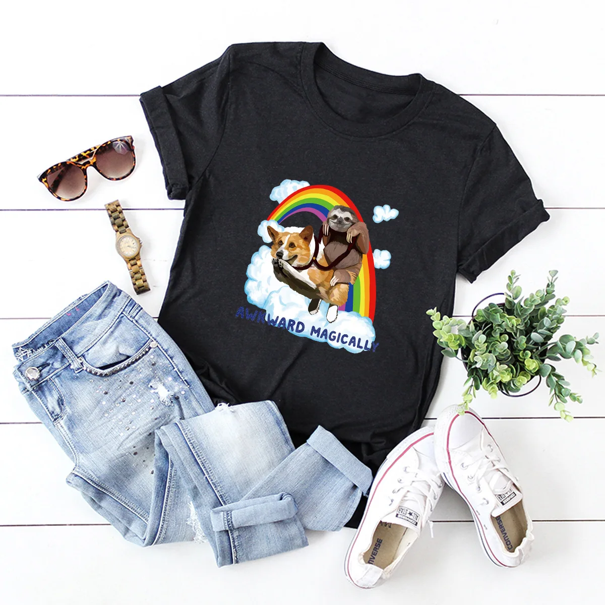 Rainbow dog sloth wish ebay удобная женская футболка из 100% чистого хлопка с коротким рукавом