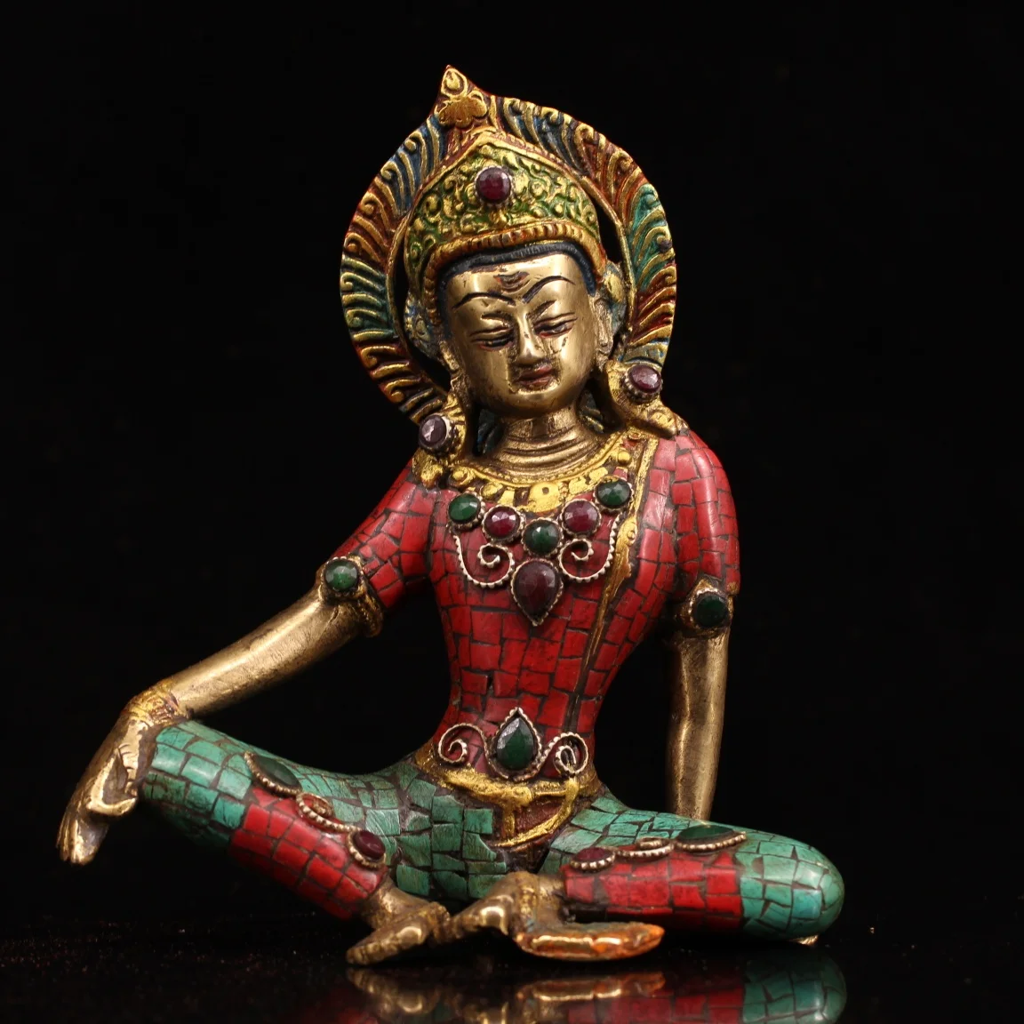 Collection Tibetan old pure copper hand-made inlaid gemstones, painted and painted gold, a green Tara statue decoration
Collection Tibetan old pure copper hand-made inlaid gemstones, painted and painted gold, a green Tara statue decoration