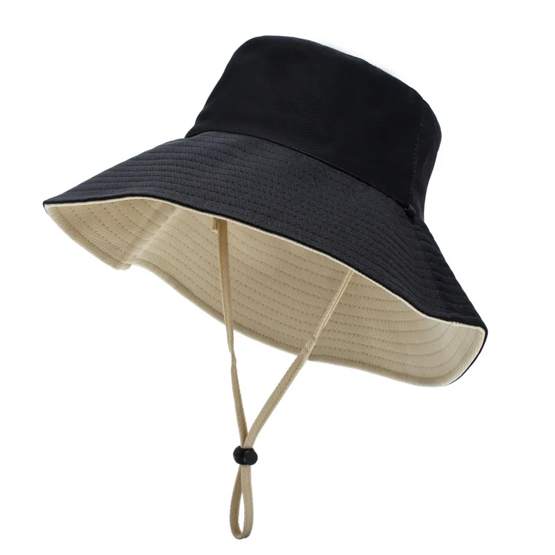 2020 new monochrome fisherman hat wild female double-sided with windproof rope black big hat fashion sun hat sun hat sun hats
2020 new monochrome fisherman hat wild female double-sided with windproof rope black big hat fashion sun hat sun hat sun hats