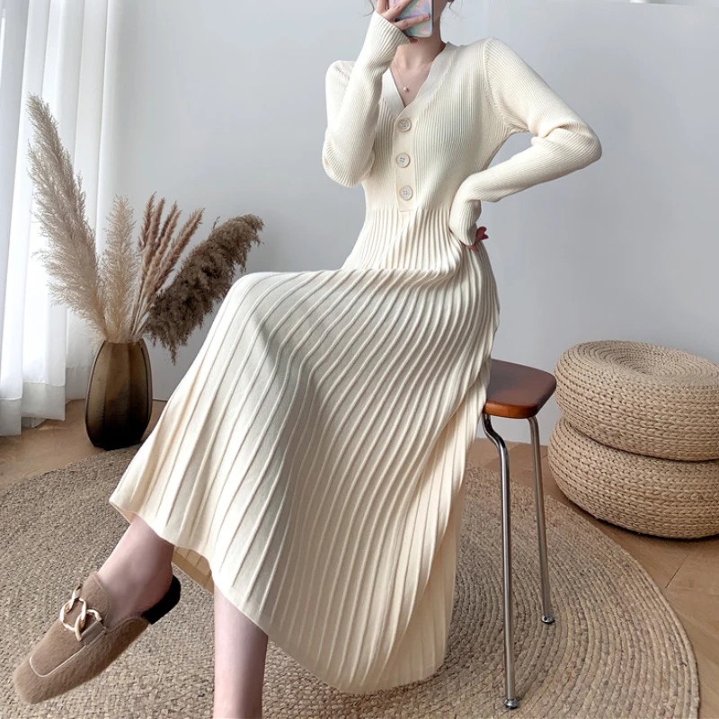 

Autumn Cashere Blend Long Sleeve Long Knitted Dress Winter V-neck Single-breasted Rib Knit Flared Calf Long Pleated Dress