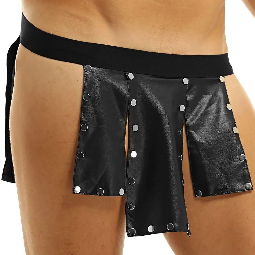 

Scottish Kilt Men Underwear Panel Faux Leather Low Rise Metal Studded Kilt Homme Gay Sexy Erotic Underwear Mini Skirt Lingerie