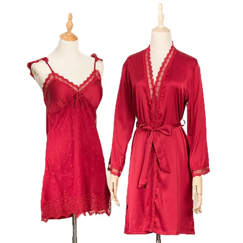Satin Nightdress With Lace Silky 2 Piece Robe Sets Bride Bridesmaid Wedding Gown Sexy Women Sleepwear Intimate Lingerie
Satin Nightdress With Lace Silky 2 Piece Robe Sets Bride Bridesmaid Wedding Gown Sexy Women Sleepwear Intimate Lingerie
