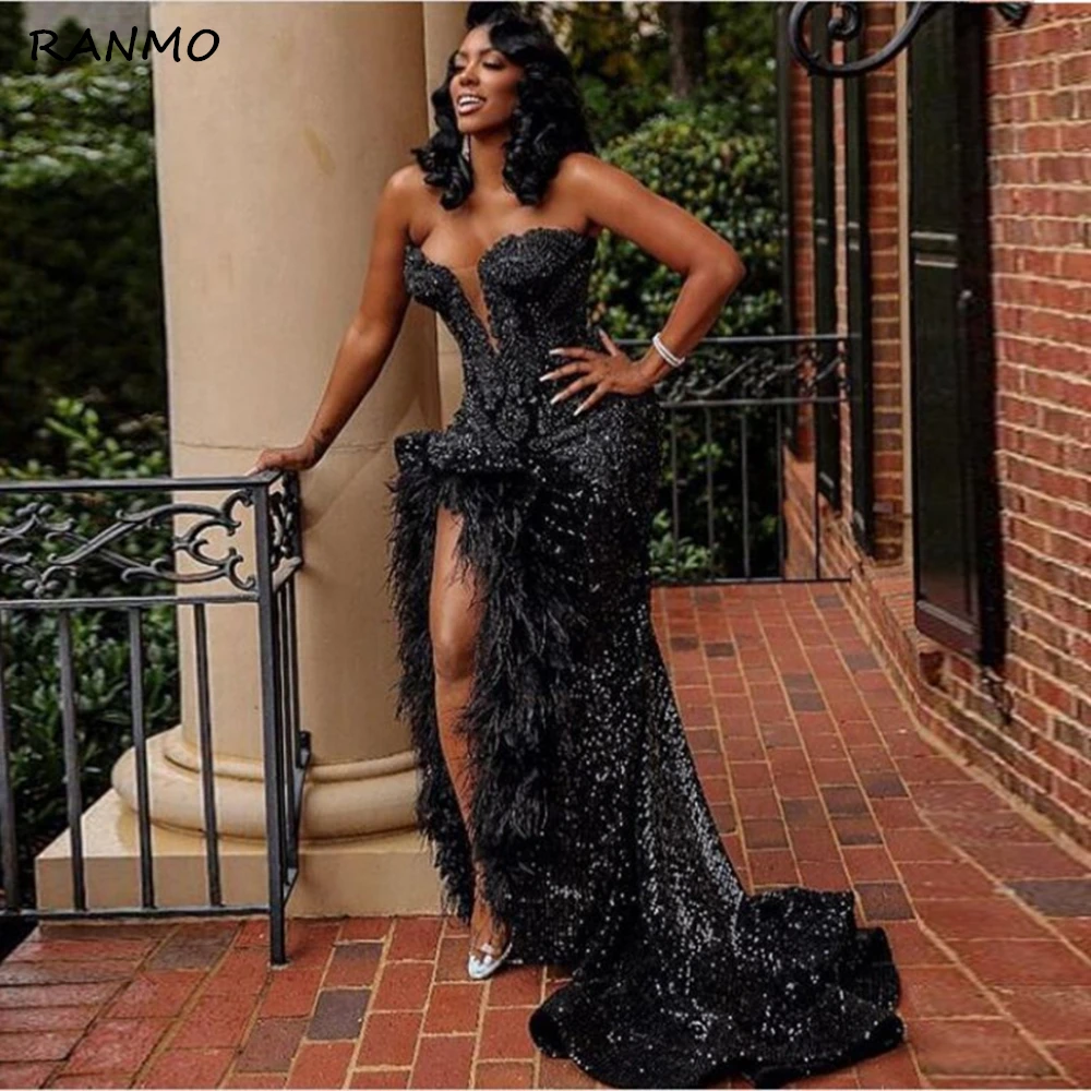 Black Sequined Strapless Prom Dresses Sexy Sweetheart Feather High Split Mermaid Evening Gowns South African Party Dress Robe
Black Sequined Strapless Prom Dresses Sexy Sweetheart Feather High Split Mermaid Evening Gowns South African Party Dress Robe