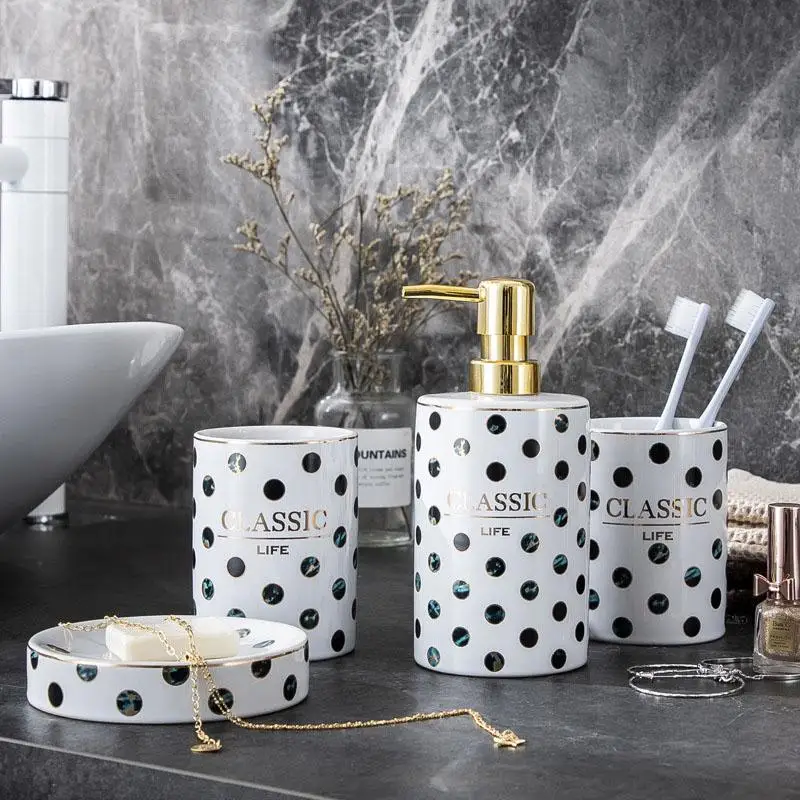 4pc/Set Ceramic Toiletries Bathroom Set Black White Dot Porcelain Cup Holder Soap Dispenser Tray Bathroom Accessories Decoration
4pc/Set Ceramic Toiletries Bathroom Set Black White Dot Porcelain Cup Holder Soap Dispenser Tray Bathroom Accessories Decoration