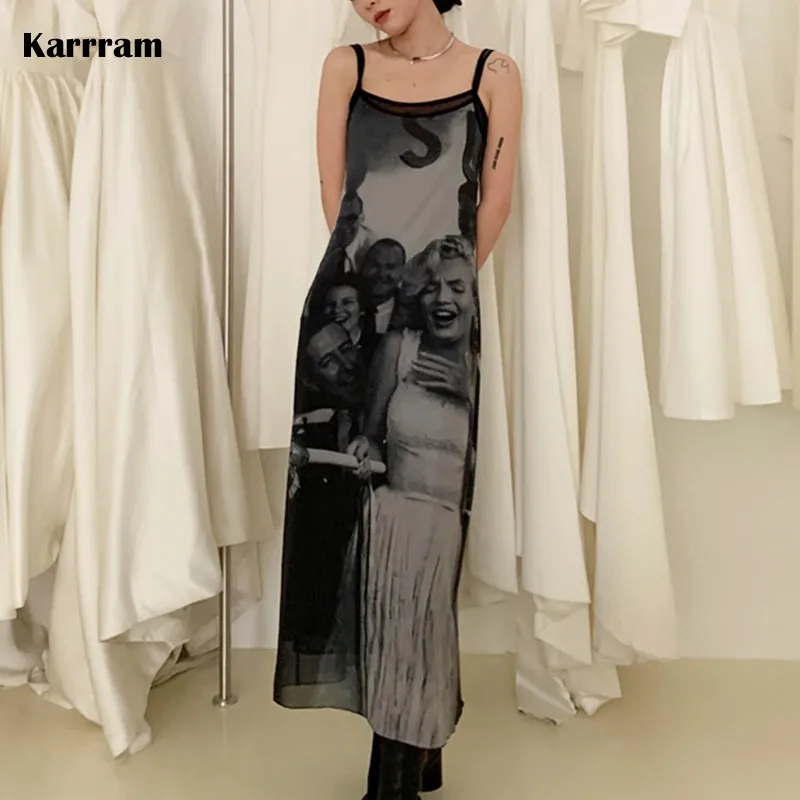 Karrram Vintage Marilyn Monroe Print Dress Women Black Sexy Mesh Party Dress Sleeveless Elegant Strap Dresses Gothic Vestidos 
Karrram Vintage Marilyn Monroe Print Dress Women Black Sexy Mesh Party Dress Sleeveless Elegant Strap Dresses Gothic Vestidos