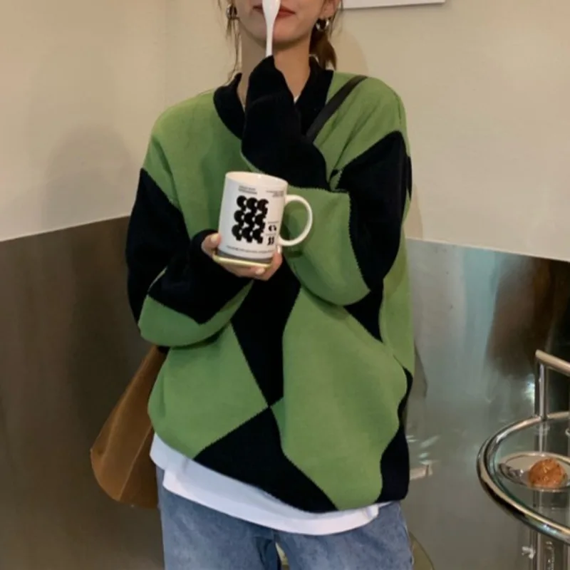 Lazy Wind Contrast Diamond Check Pullover Sweater Women's Winter Casual Loose Long Sleeve Sweater
Lazy Wind Contrast Diamond Check Pullover Sweater Women's Winter Casual Loose Long Sleeve Sweater