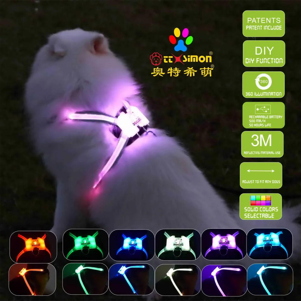 

Маленькая светящаяся шлейка CC Simon для собак, светодиодный ошейник с USB, свинец для щенков, жилет для домашних животных 2021