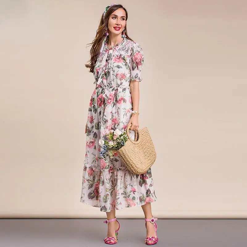 Fashion Designer Summer Chiffon Midi Dress Women's Puff sleeve Belted Flower print Elegant Holiday Party Dress
Fashion Designer Summer Chiffon Midi Dress Women's Puff sleeve Belted Flower print Elegant Holiday Party Dress