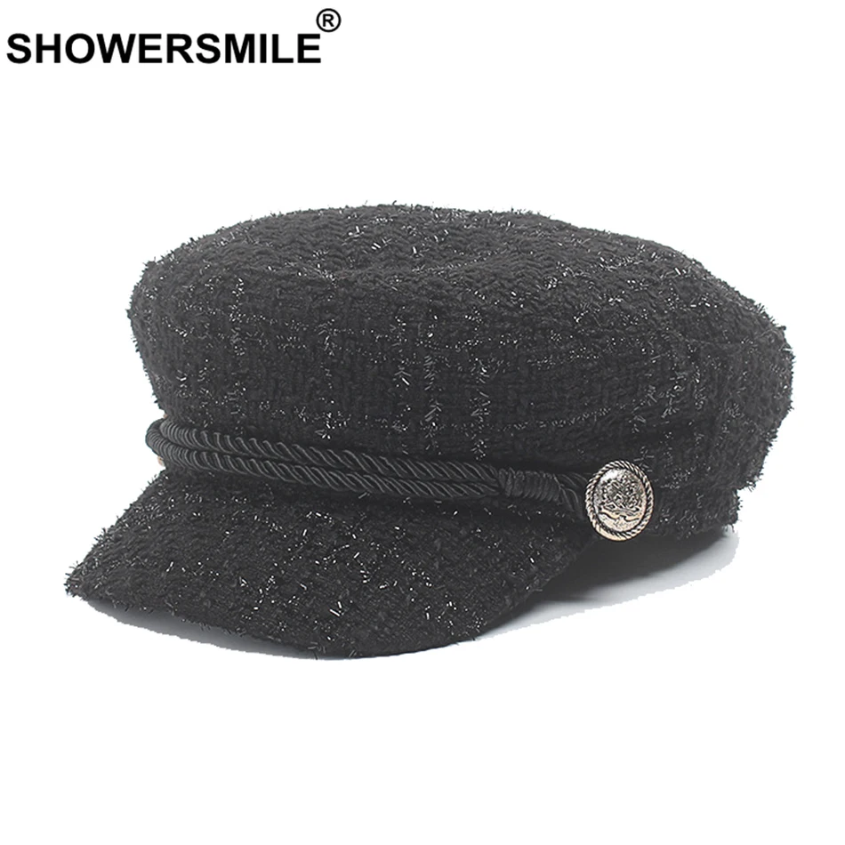 SHOWERSMILE/черная модная твидовая шляпа в стиле милитари Женская шапка моряка Сезон