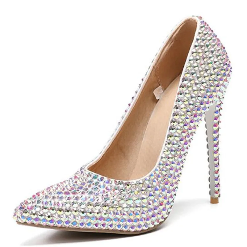 

Brand Shoes Thin High Heels Pumps Sequined Cloth Slip On Pointed Toe Dress Office & Career Party Wedding Rhinestones Women Shoes