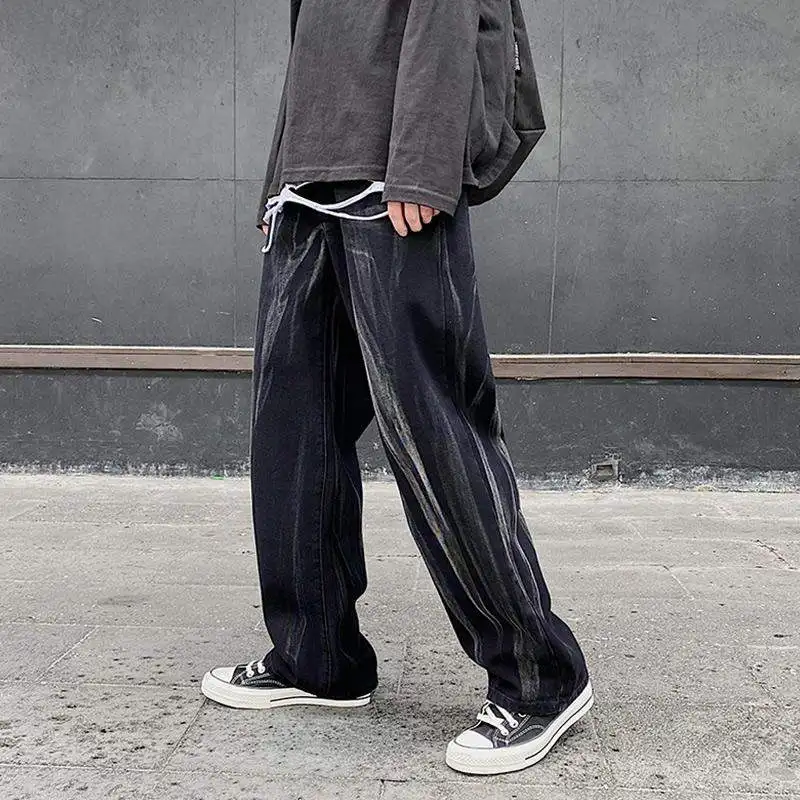 

Джинсы мужские в стиле Харадзюку с эффектом потертости, уличная одежда в стиле ретро, свободные прямые джинсовые брюки, Мешковатые повседне...