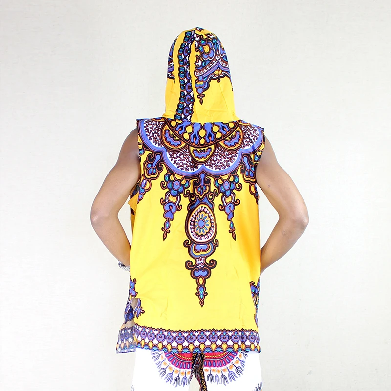 

Dashiki Yellow Mens Hipster Hip Hop African Fabric Elongated longline Hoodie T-shirt