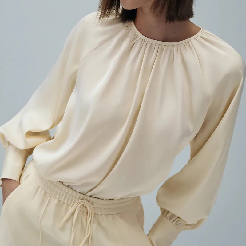 

Za Women Solid Folds Loose Shirt O Neck Long Sleeve 2021 Chic Female Fashion Shirt Tops Blusas Femininas LY9588