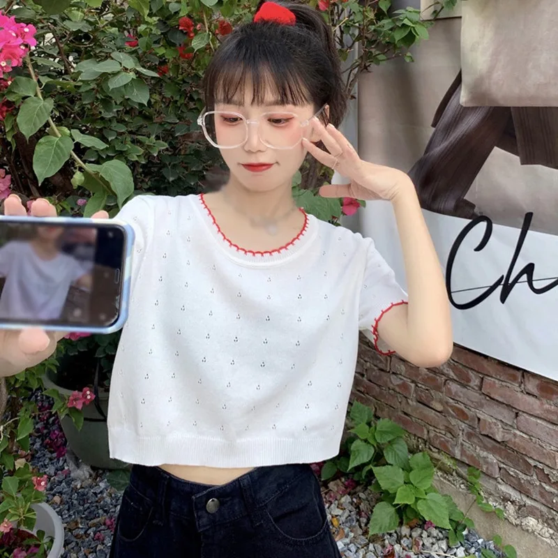 Women Short-sleeved T-shirt Round-neck Short Slim Tee Tops Sexy Hollow Knit Summer T-Shirts
Women Short-sleeved T-shirt Round-neck Short Slim Tee Tops Sexy Hollow Knit Summer T-Shirts