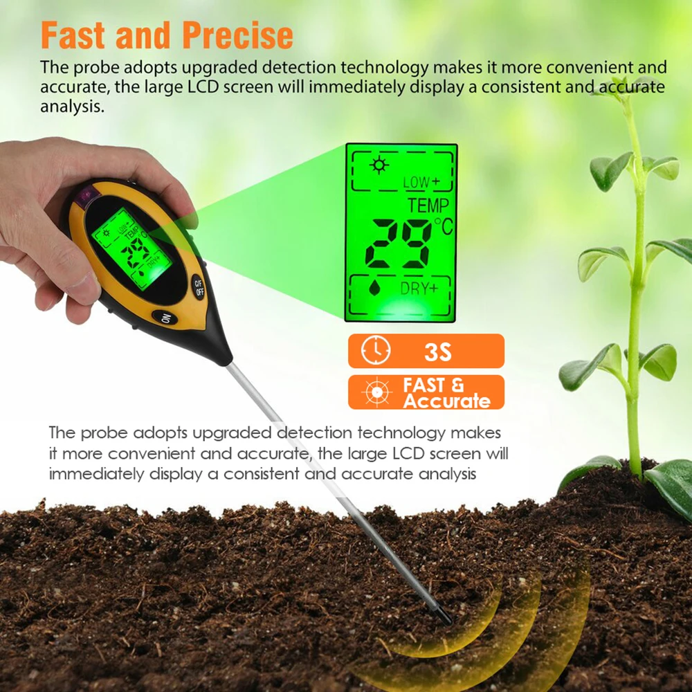 Цифровой измеритель почвы 4-в-1 pH влажности и PH для садовых растений посевов |