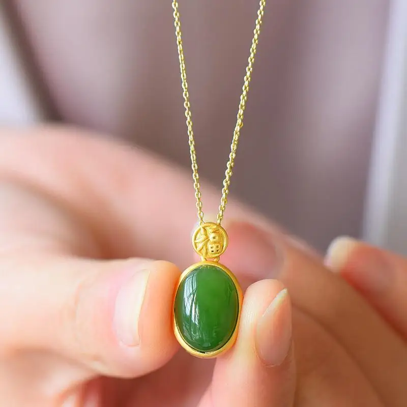 S925 Sterling Silver Thick Gold Inlaid Natural Hetian Jade Egg Noodle Pendant Russian Old Materials Spinach Green Gilding Craft
S925 Sterling Silver Thick Gold Inlaid Natural Hetian Jade Egg Noodle Pendant Russian Old Materials Spinach Green Gilding Craft