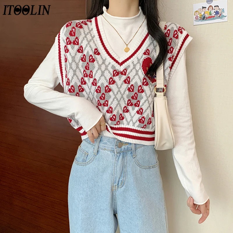ITOOLIN Sleeveless Sweater Vest Woman Printed Plaid Knitted Crop Sweaters Casual Preppy Style 2021 tops V Neck Vintage 
ITOOLIN Sleeveless Sweater Vest Woman Printed Plaid Knitted Crop Sweaters Casual Preppy Style 2021 tops V Neck Vintage