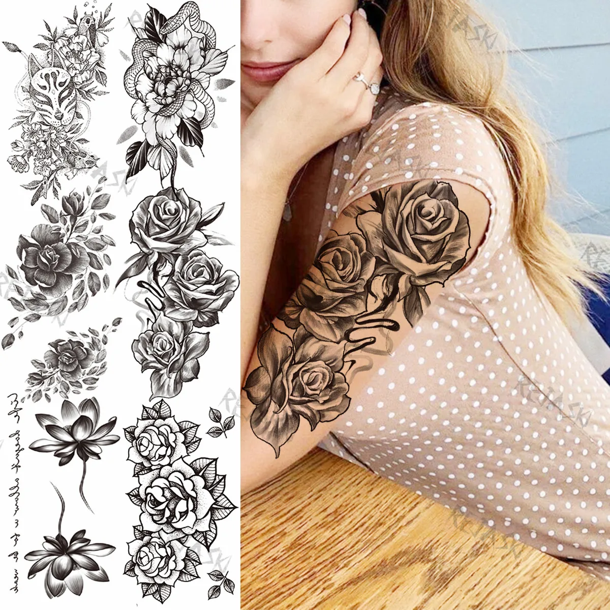 Sexy 3D Rose flowers Temporary Tattoos For Women adult Peomny lotus snake leaf Realistic Fake Tattoo Sticker Body Art Tatoos
Sexy 3D Rose flowers Temporary Tattoos For Women adult Peomny lotus snake leaf Realistic Fake Tattoo Sticker Body Art Tatoos