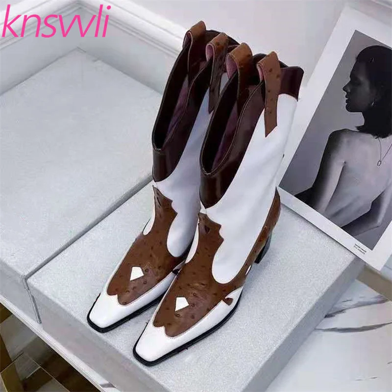 Women Boots Ostrich Pattern Leather Western Cowboy Boots Woman Square Toe Patchwork Short Boots High Heels Designer Shoes Women
Women Boots Ostrich Pattern Leather Western Cowboy Boots Woman Square Toe Patchwork Short Boots High Heels Designer Shoes Women