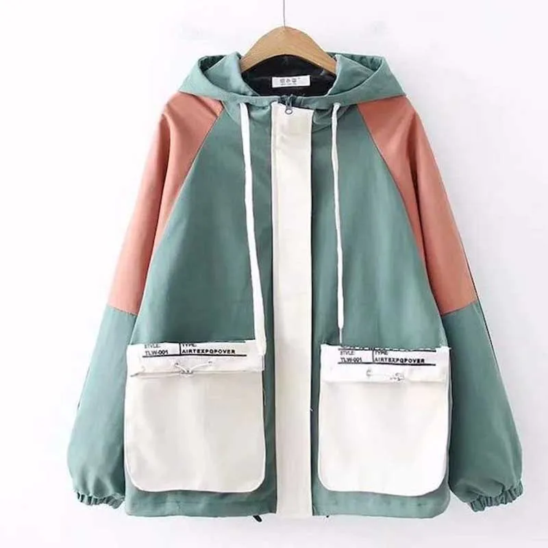 

Hooded Jacket Women Short Stitching Spring And Autumn Tooling Jacket Women Hong Kong Style Hooded Casual Korean Loose BF All-mat