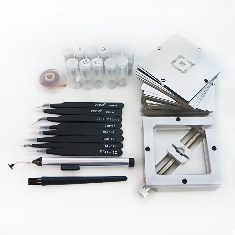 Трафареты BGA для реболлинга, jig-HT-90-silvery, 362 шт., 90 мм, шарик для оловянного припоя-PMTC с 8 наборами пинцетов ESD
Трафареты BGA для реболлинга, jig-HT-90-silvery, 362 шт., 90 мм, шарик для оловянного припоя-PMTC с 8 наборами пинцетов ESD