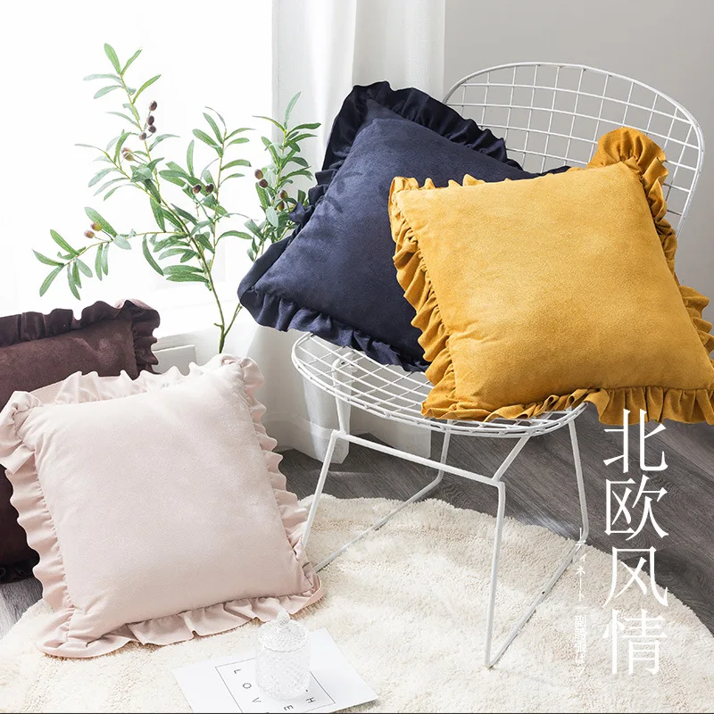 

45x45cm square ruffles frill cushion cover suede throw pillowcase flounces edge lumabr pillow cover backrest