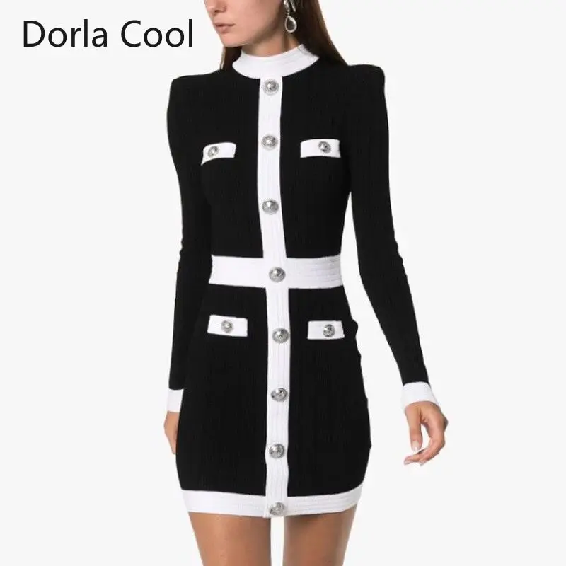 High Quality Runway Dress For Women Knitted Basic Winter Elegant Dresses Lady's Luxury Buttons Slim Party Patchwork Vestidos New
High Quality Runway Dress For Women Knitted Basic Winter Elegant Dresses Lady's Luxury Buttons Slim Party Patchwork Vestidos New