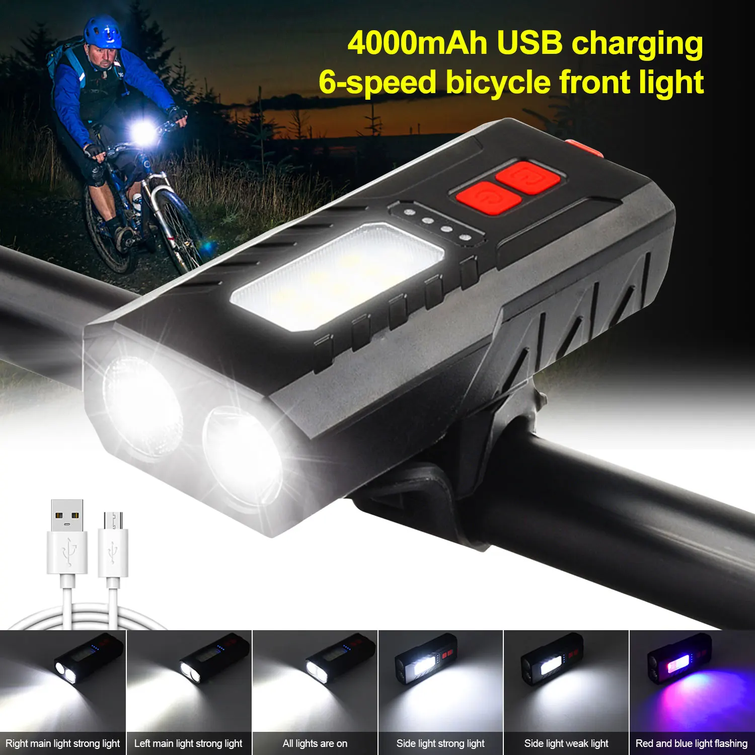 USB Front Bike Light Bulit-in 4000 mAh Battery Cycling Lamp 6 Light Modes Bicycle Headlight with Red Blue Flashing Side Light
USB Front Bike Light Bulit-in 4000 mAh Battery Cycling Lamp 6 Light Modes Bicycle Headlight with Red Blue Flashing Side Light