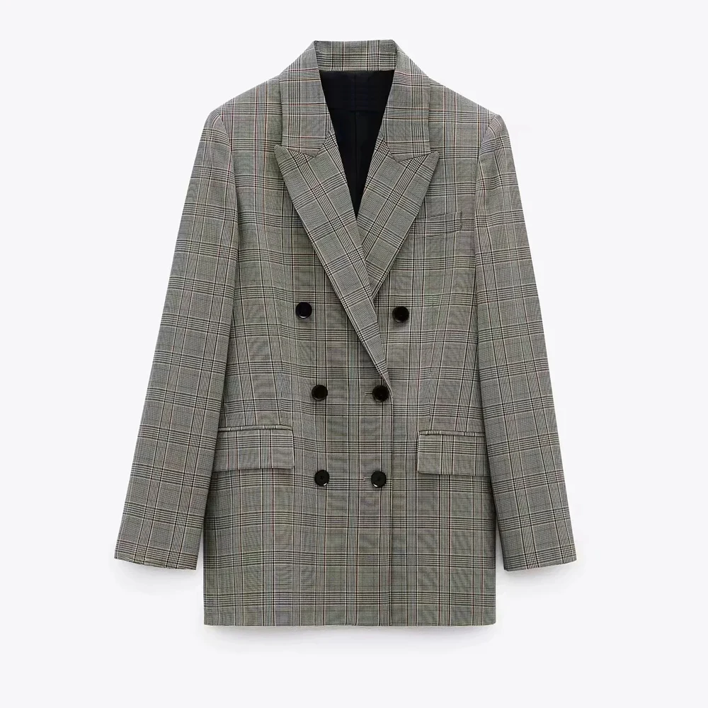 Za women check blazer grey lapel collar long sleeves Blazer front flap pockets double-breasted fastening with contrast buttons
Za women check blazer grey lapel collar long sleeves Blazer front flap pockets double-breasted fastening with contrast buttons