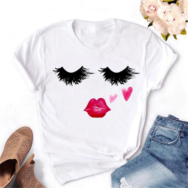 2020 Women T-shirt Eye Lashes Red Lips HEART Print Top Female Tshirt Fashion Casual Sleeve O Neck BASIC White Ladies Clothes
2020 Women T-shirt Eye Lashes Red Lips HEART Print Top Female Tshirt Fashion Casual Sleeve O Neck BASIC White Ladies Clothes