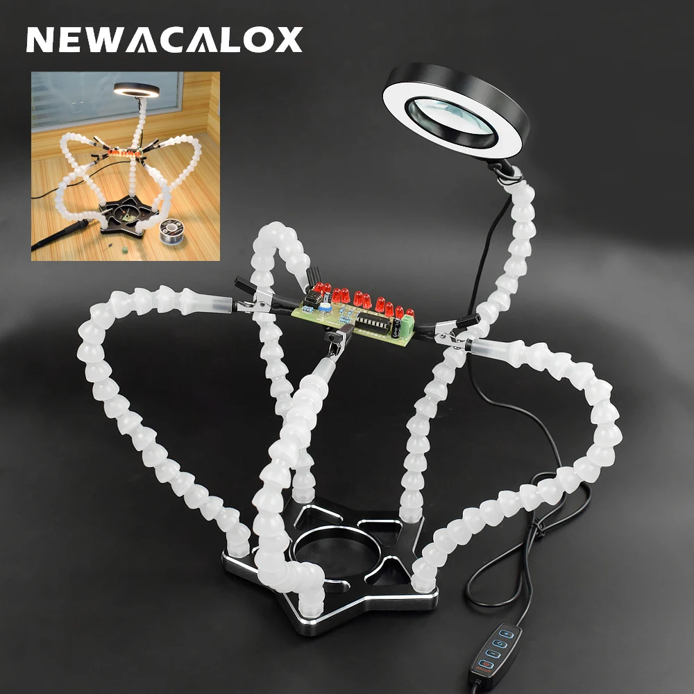 NEWACALOX Soldering Helping Hands Third Hand Tool PCB Holder with 3X LED Magnifier for Welding/Desoldering/Rework/Crafts Repair
NEWACALOX Soldering Helping Hands Third Hand Tool PCB Holder with 3X LED Magnifier for Welding/Desoldering/Rework/Crafts Repair