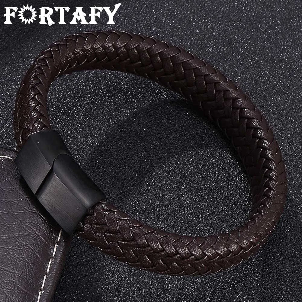 

FORTAFY Punk Men Jewelry Black Brown Braided Leather Rope Bracelet Stainless Steel Magnetic Buckle Fashion Male Bangles FRPH503