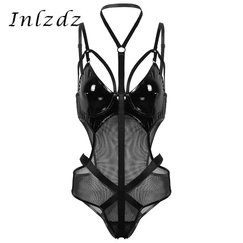 Womens Lingerie Sexy Latex Bodysuit Halter Neck Cut Out Waist Patent Leather See Through Sheer Mesh Patchwork Leotard Bodysuit
Womens Lingerie Sexy Latex Bodysuit Halter Neck Cut Out Waist Patent Leather See Through Sheer Mesh Patchwork Leotard Bodysuit