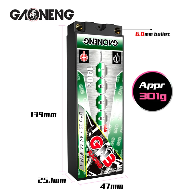 Gaoneng GNB 6000mAh 2S 7.4V 140C Lipo Battery 6mm Built-in Bullet Hard Case T XT60 Plug for 1:10 RC Car Model Spare Parts
Gaoneng GNB 6000mAh 2S 7.4V 140C Lipo Battery 6mm Built-in Bullet Hard Case T XT60 Plug for 1:10 RC Car Model Spare Parts