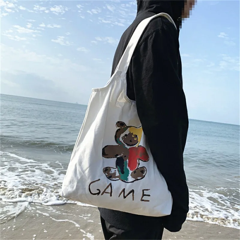 

Модные холщовые сумки INS для женщин, вместительные сумочки-тоуты с милым принтом медведя, Корейская Повседневная Дамская сумка на плечо, B02177