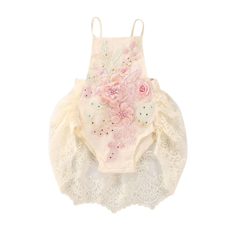 

0-18M Newborn Infant Baby Girls Bodysuits Lace Flowers Embroidery Sleeveless Backless Summer Ruffles Tutu Jumpsuits One Pieces