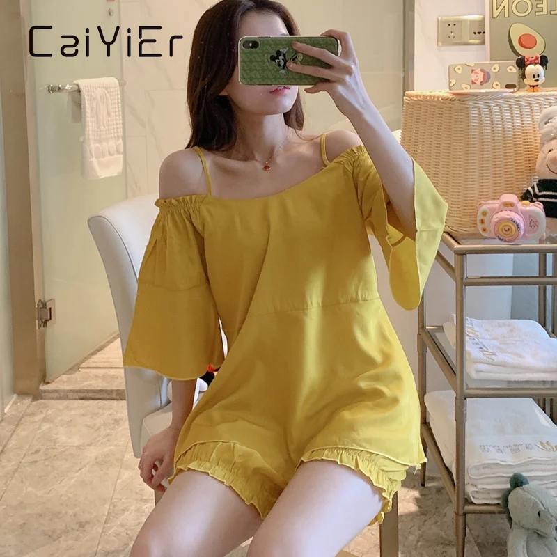 CAIYIER 2021 Summer Simple Ladies Sexy Sleepwear Halter With Trumpet Sleeve Solid Color Can Wear Outside Girl's Pajamas Set
CAIYIER 2021 Summer Simple Ladies Sexy Sleepwear Halter With Trumpet Sleeve Solid Color Can Wear Outside Girl's Pajamas Set