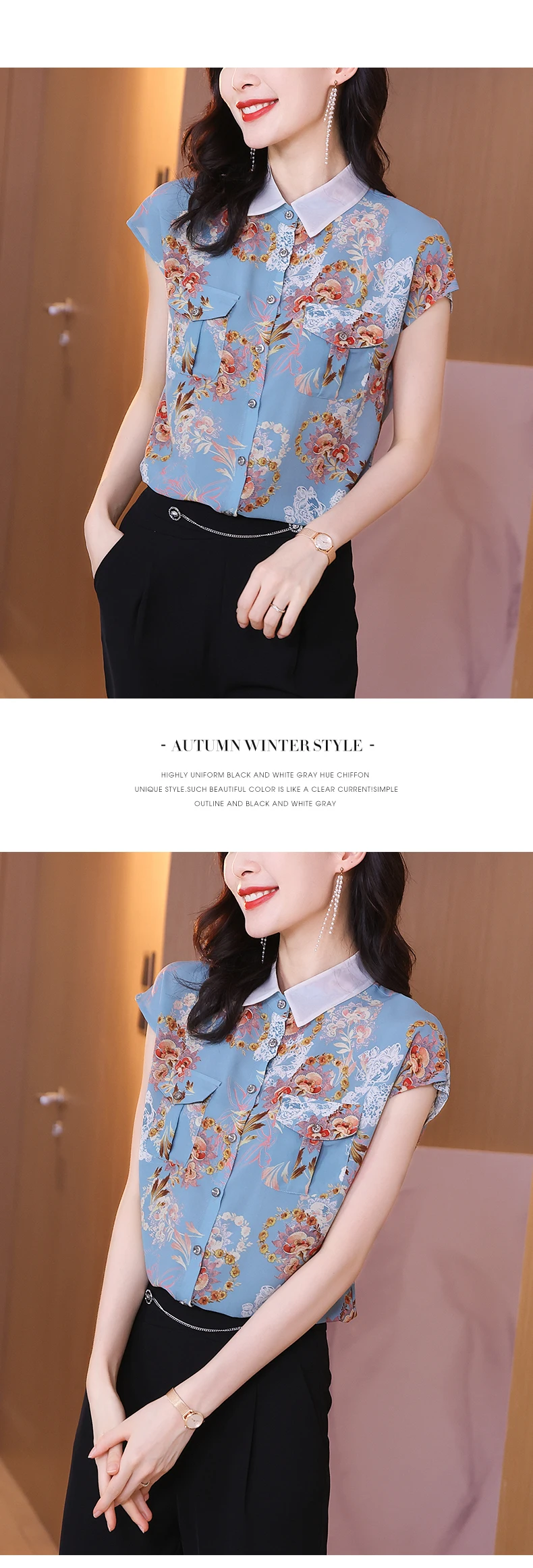Chiffon Loose Women's Blouse New Fashion Blouses Print Polo Collar Shirts Casual Short Sleeve Blusas Flower Summer Houthion
Chiffon Loose Women's Blouse New Fashion Blouses Print Polo Collar Shirts Casual Short Sleeve Blusas Flower Summer Houthion