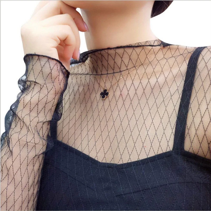 Женский топ Сексуальная футболка с высоким воротом черный сетчатый пуловер