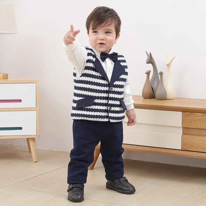 Baby Boy Clothes Set Winter Long Sleeve Gentleman's Dress 3pcs (Black Pants + White Cotton Shirt + Stripe Sweater Vest)
Baby Boy Clothes Set Winter Long Sleeve Gentleman's Dress 3pcs (Black Pants + White Cotton Shirt + Stripe Sweater Vest)