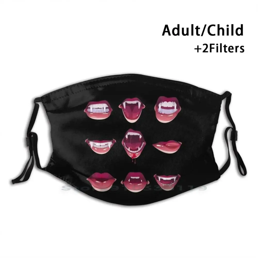 

Sexy Woman Vampire Mouth Blood Red Lips Fangs Teeth Bright Mouth Print Reusable Pm2.5 Filter DIY Mouth Mask Kids Halloween