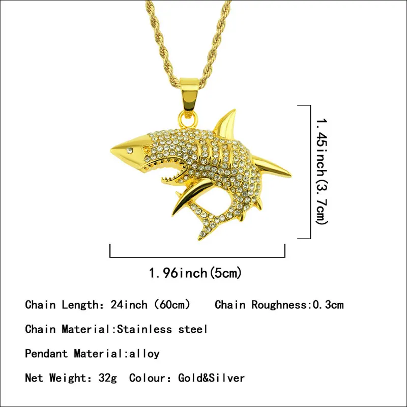 Fashion Hip Hop Iced Out Bling Bling Shark Charm Pendant Necklace Twist Chain For Men Women Jewelry