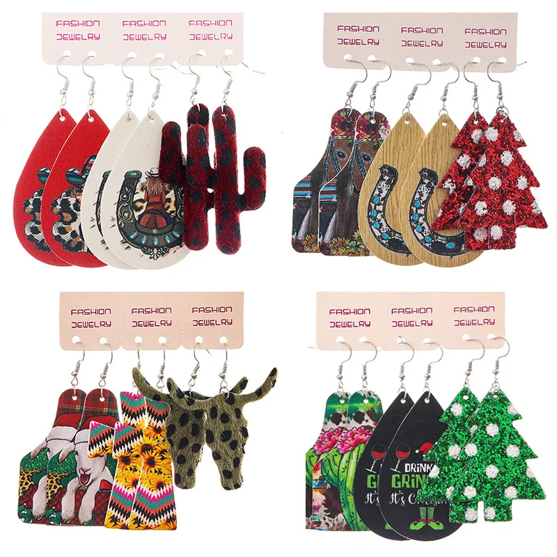 Christmas Set Western Cowboy PU Leather Earrings Bull Head Cactus Sun Flower Horseshoe Drop-shaped European American Earrings
Christmas Set Western Cowboy PU Leather Earrings Bull Head Cactus Sun Flower Horseshoe Drop-shaped European American Earrings