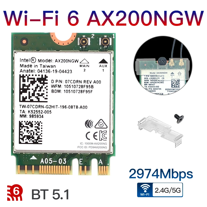 Wi-Fi 6 AX200NGW, 2974 Мбит/с, для Intel AX200 NGFF M.2, Bluetooth 5,1, Wi-Fi карта, двухдиапазонный 2,4G/5 ГГц, 802, 11ac/ax MU-MIMO для Windows 10
Wi-Fi 6 AX200NGW, 2974 Мбит/с, для Intel AX200 NGFF M.2, Bluetooth 5,1, Wi-Fi карта, двухдиапазонный 2,4G/5 ГГц, 802, 11ac/ax MU-MIMO для Windows 10